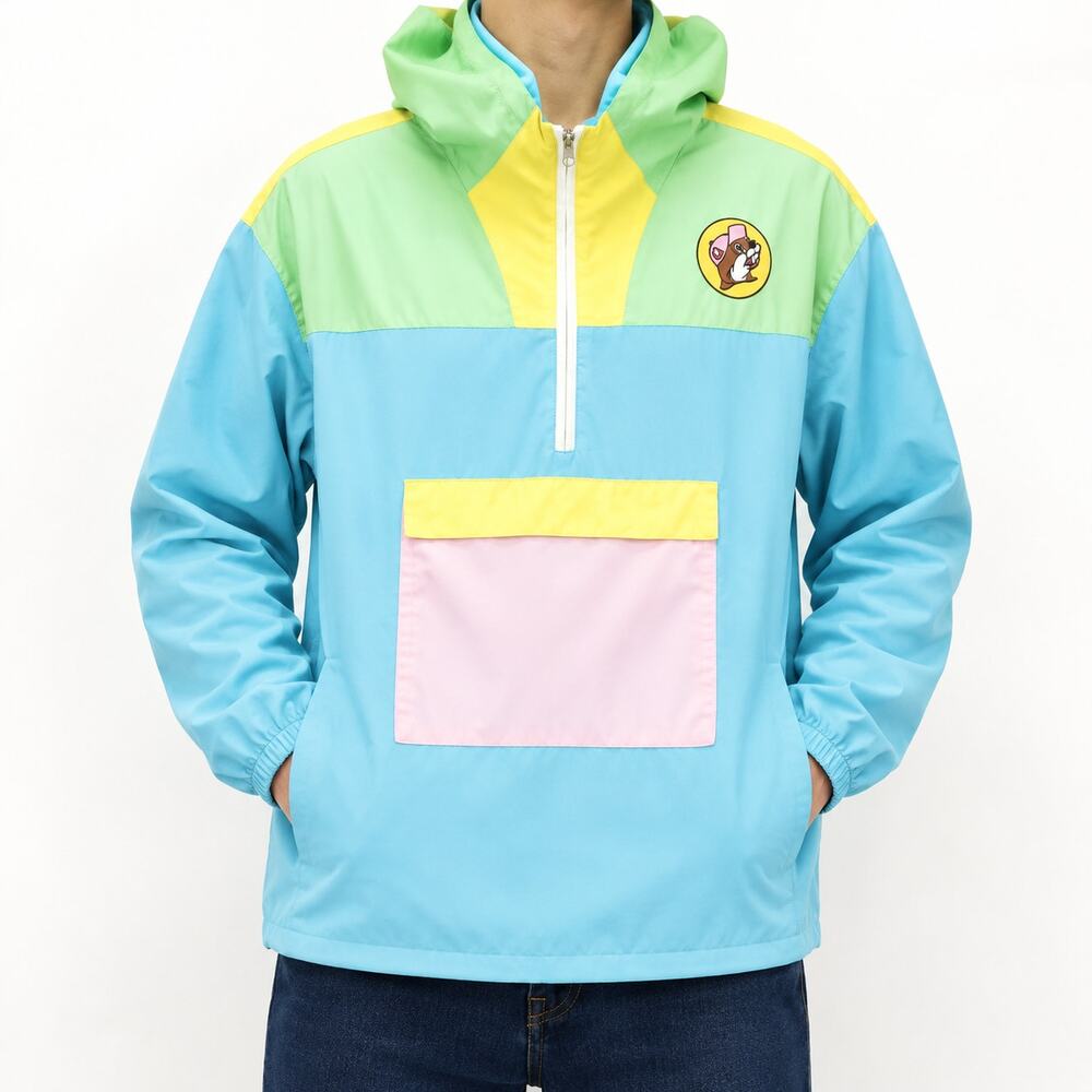 Buc-ees Hoodie Mens Medium Blue Green Drawcord Long Sleeve 1/4 Zip *flaw